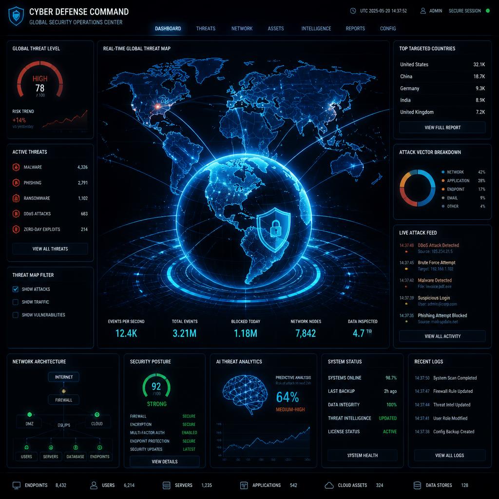 A high-tech digital interface glowing with cyber defense networks and global security architecture visualizers
